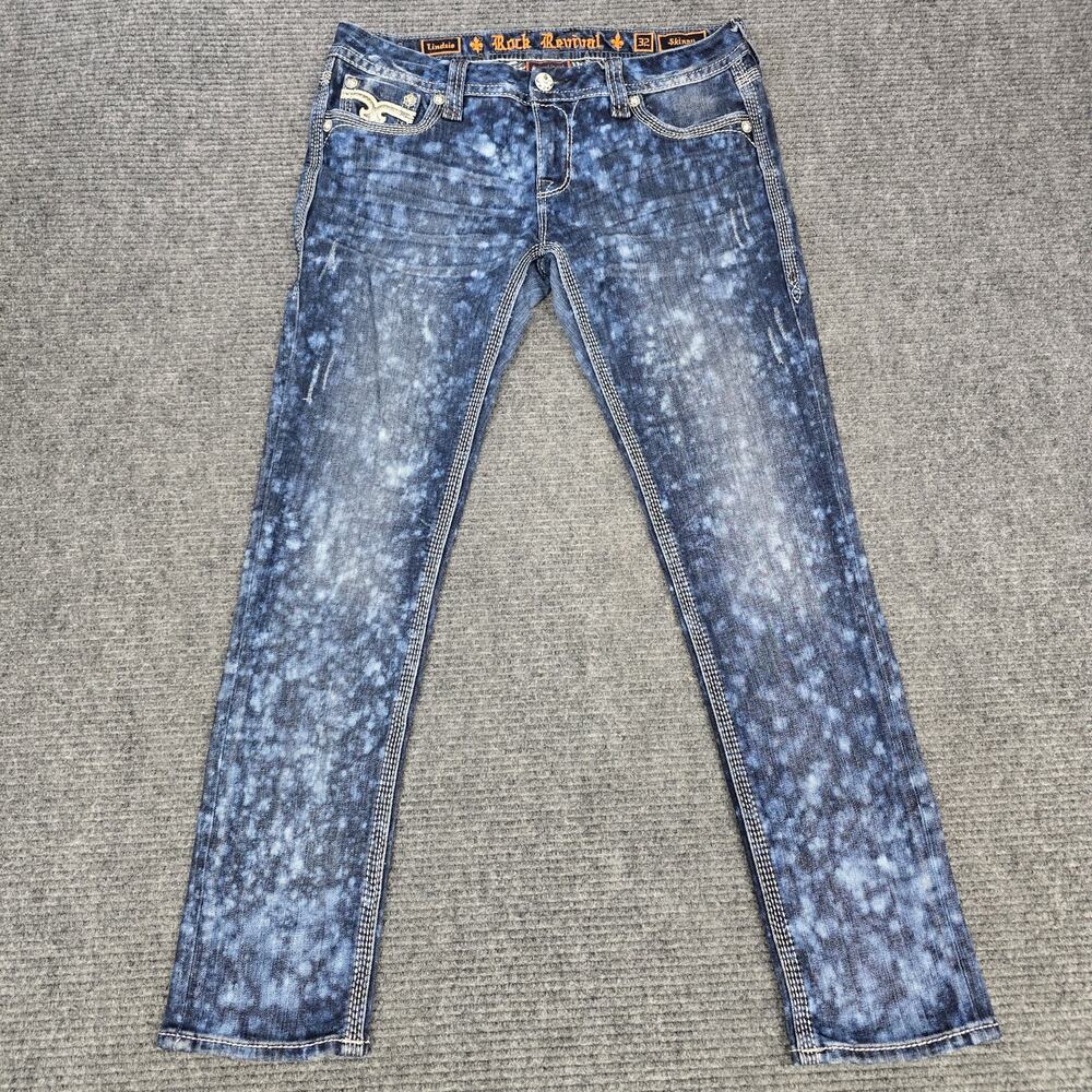 Rock Revival Lindsie Skinny Jeans Womens 32 Acid Wash Thick Stitch Bling